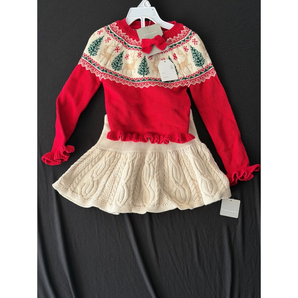 Tahari Kids Girls 3T Holiday Sweater Skirt Set Red Fair Isle Reindeer 3pc NWT